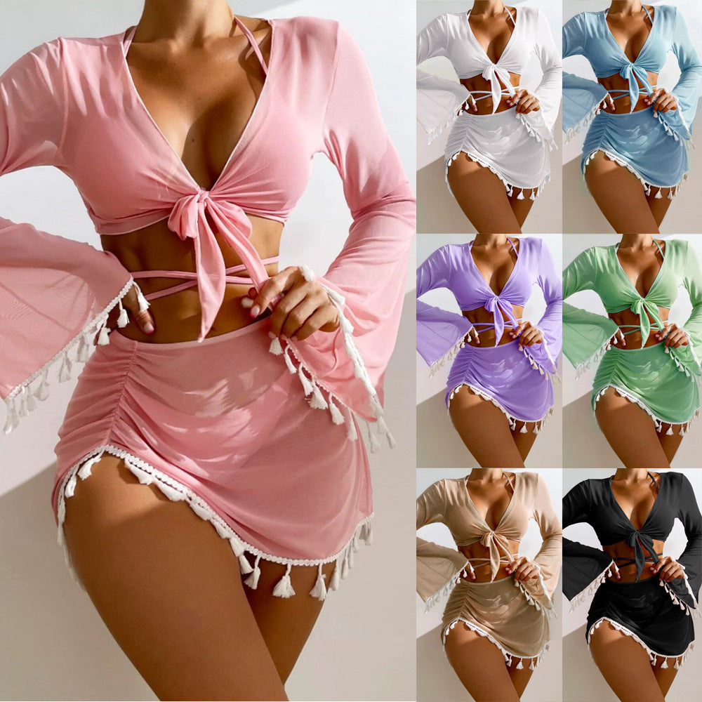 Women's Tassel Fringe Two Piece Long Sleeve Swimsuit Coverup