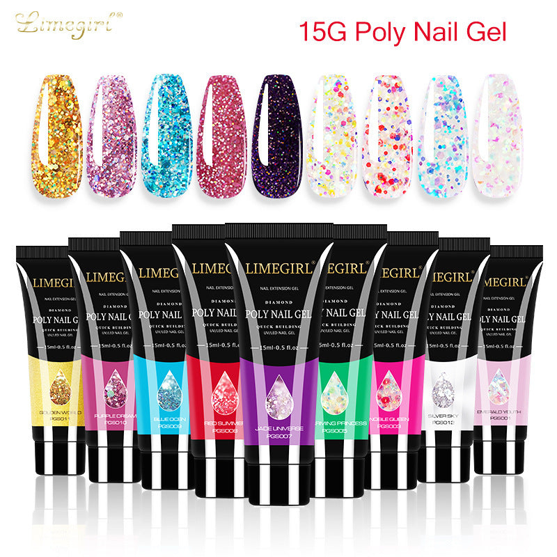 Glittery multi -gekleurde poly nagelgel in knijpfles