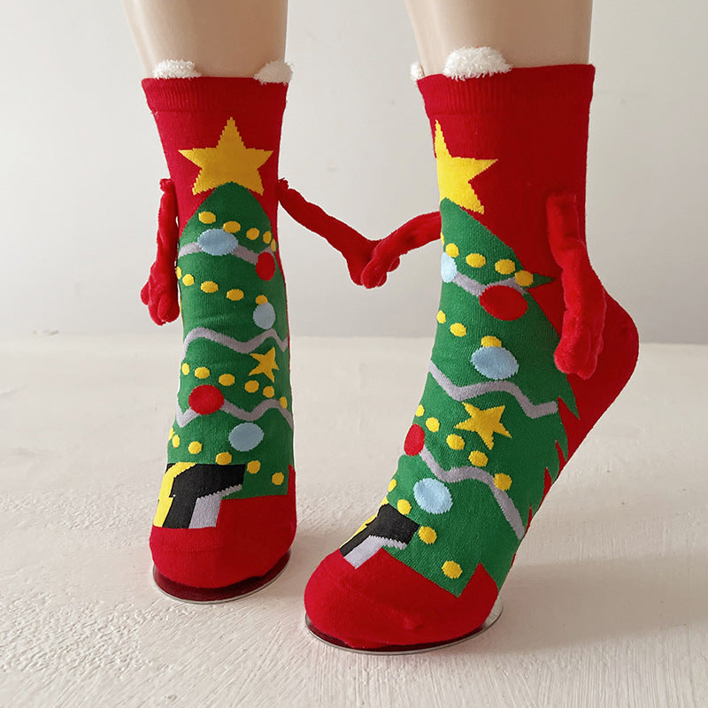 Cute Magnetic Hand Holding Christmas Themed Ankle Socks for Couples