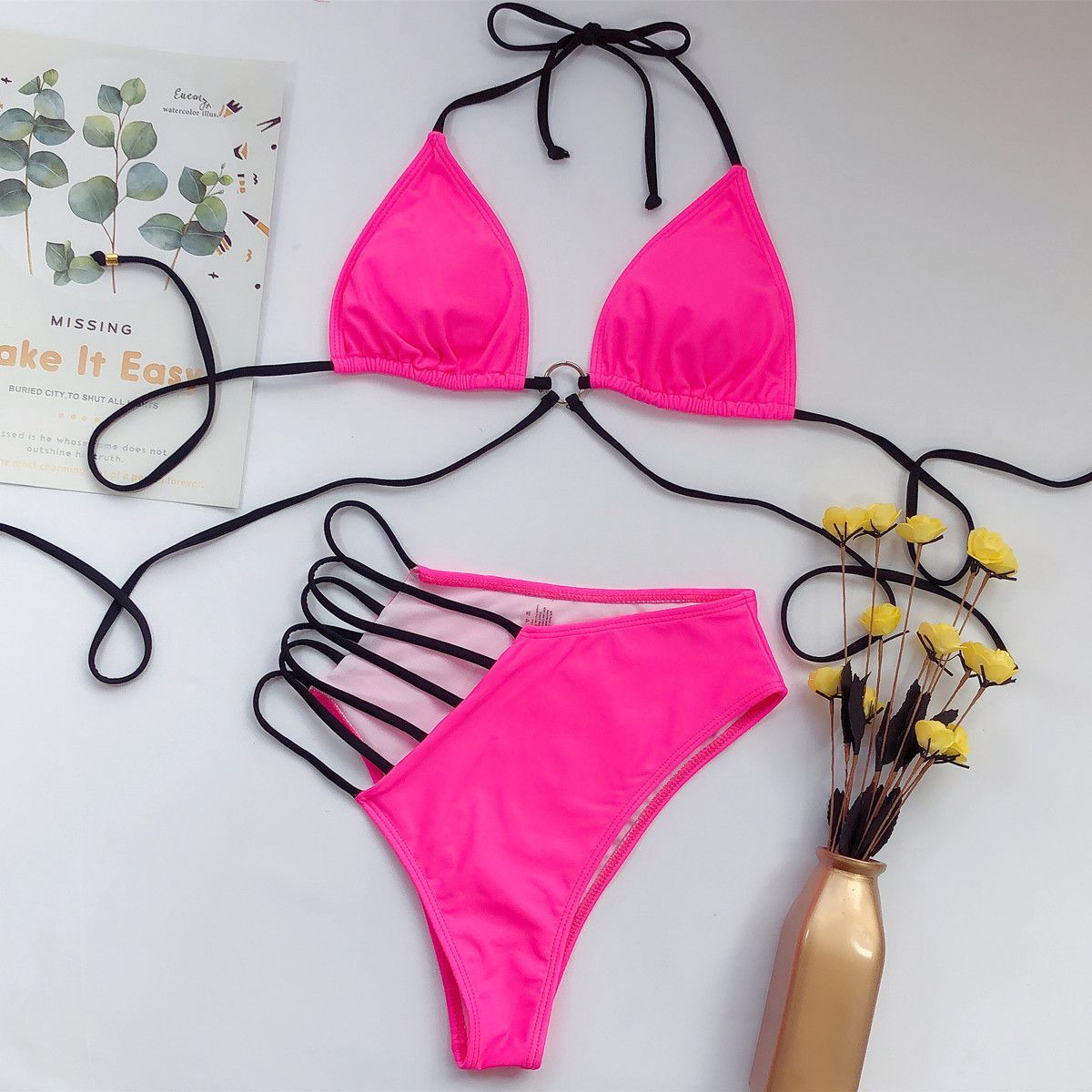 Women's Two Piece Solid Color Bikini with Strappy Hips