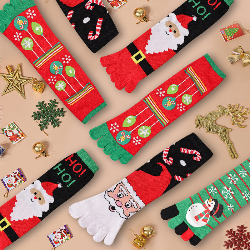 Lightweight Soft Crew Socks with Five Toes in Christmas Patterns