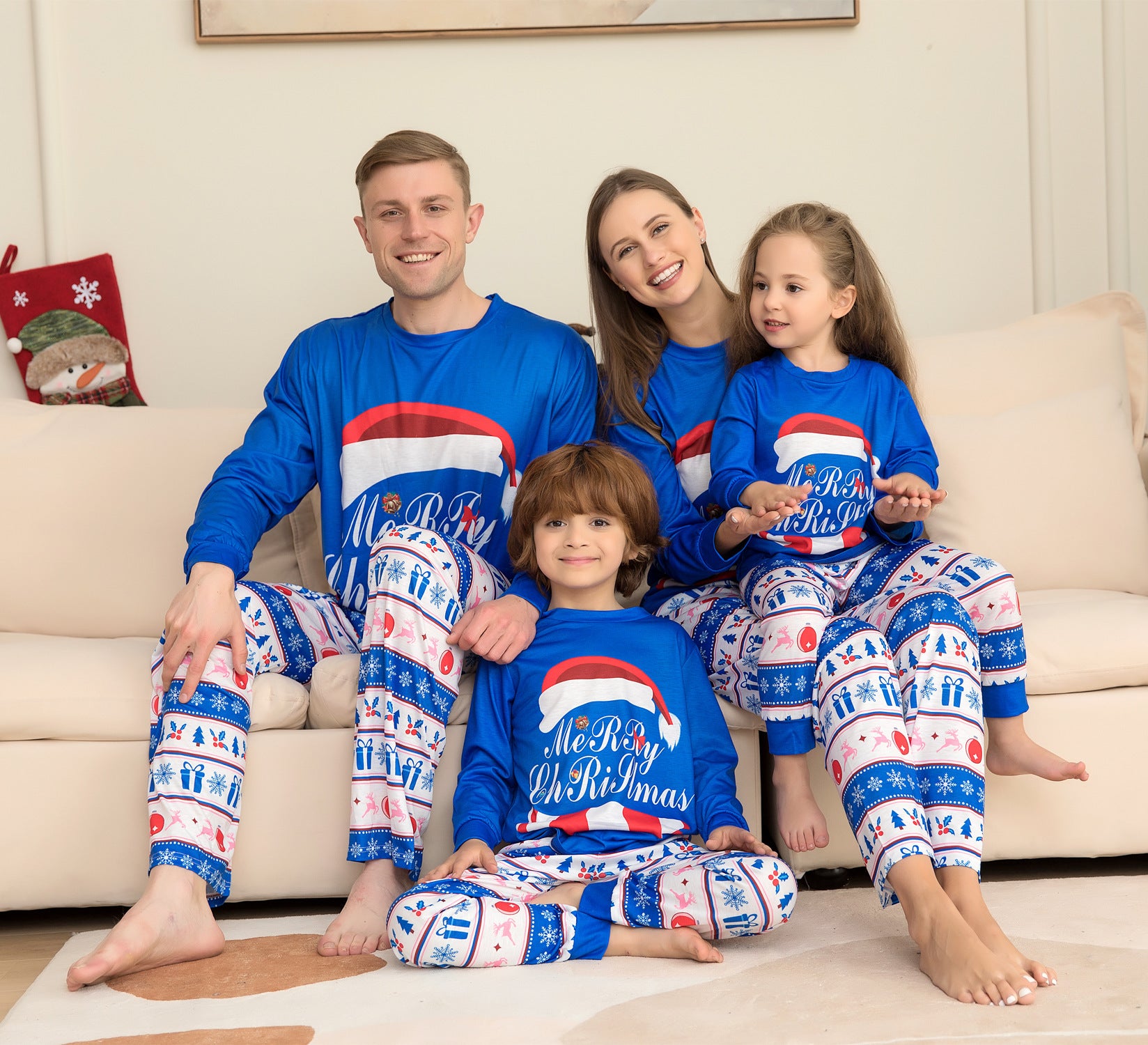 Blue and White Merry Christmas Matching Family Pajama Set