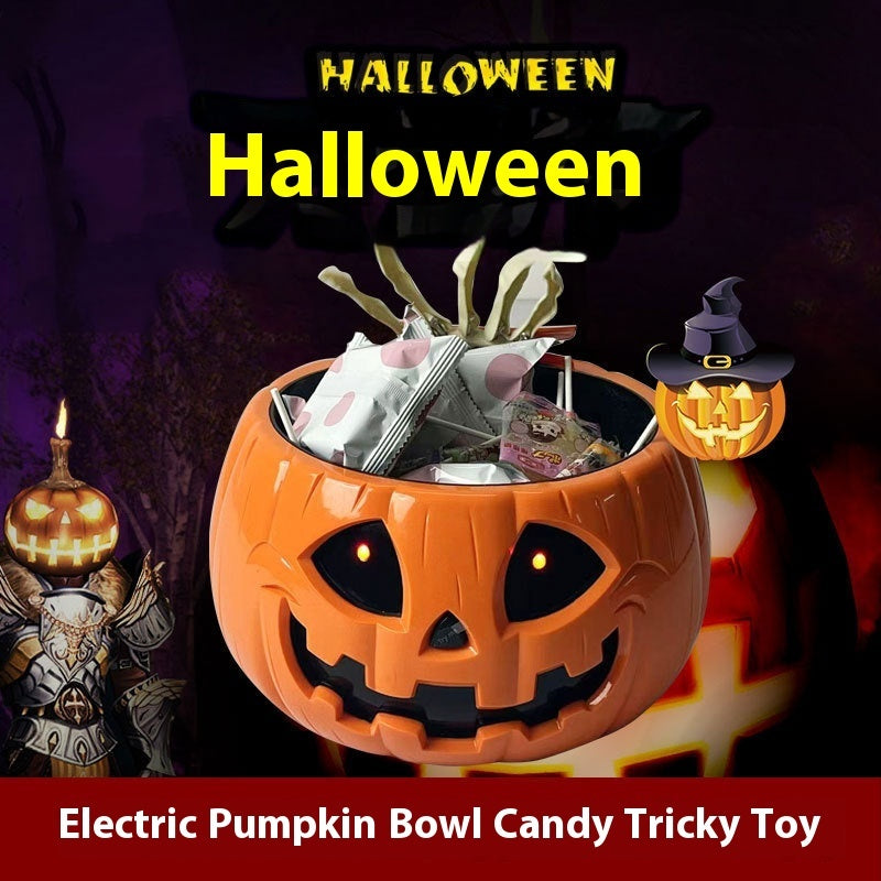 Pumpkin Shaped Candy Bowl with Jumpscare Skeleton Hand