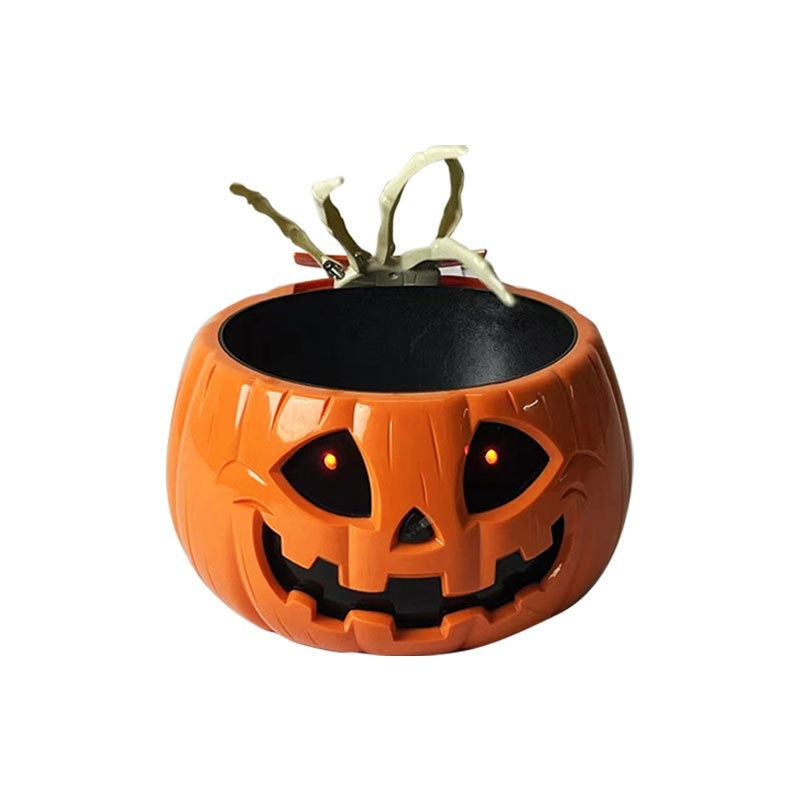 Pumpkin Shaped Candy Bowl with Jumpscare Skeleton Hand