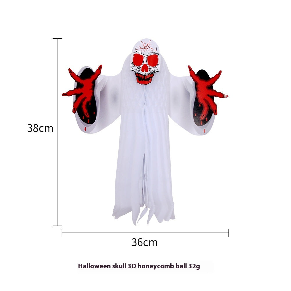 Whimsical Sheet Ghost Halloween Decoration with Red Skull and Hands