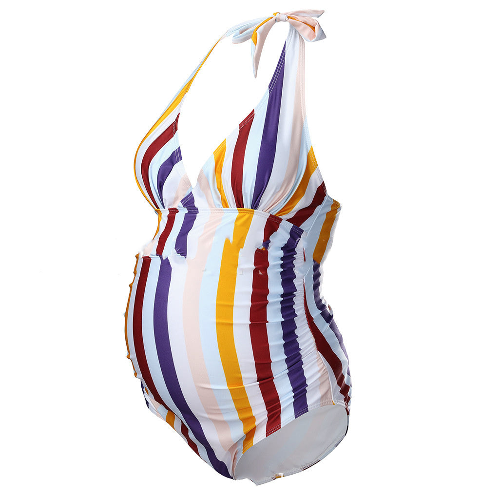 Women's One Piece Maternity Swimsuit with Multicolor Stripes