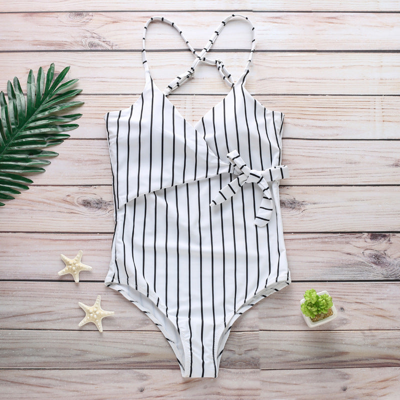 Women's One Piece Nautical Backless Pinstripe Swimsuit