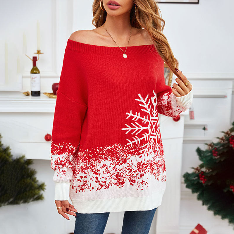 Cute Long Sleeve Slouchy Red Sweater with White Snowflake Details