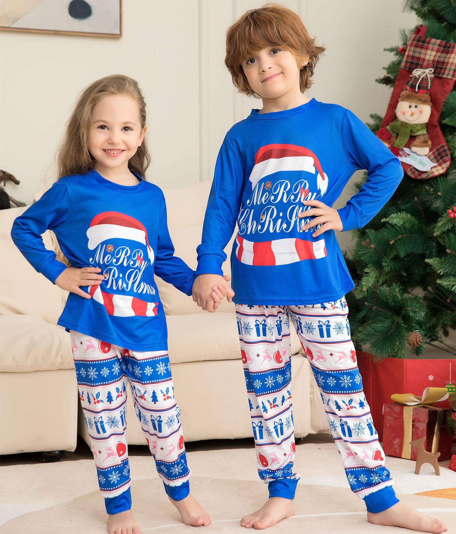 Blue and White Merry Christmas Matching Family Pajama Set