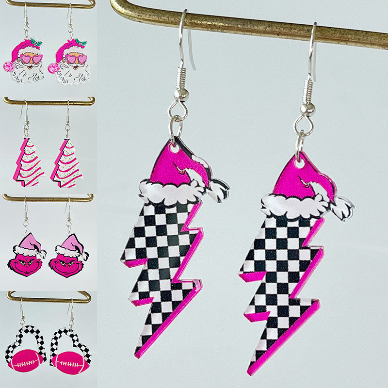 Pink & Checkerboard Retro 1980s-Style Christmas Acrylic Dangle Earrings in Assorted Styles