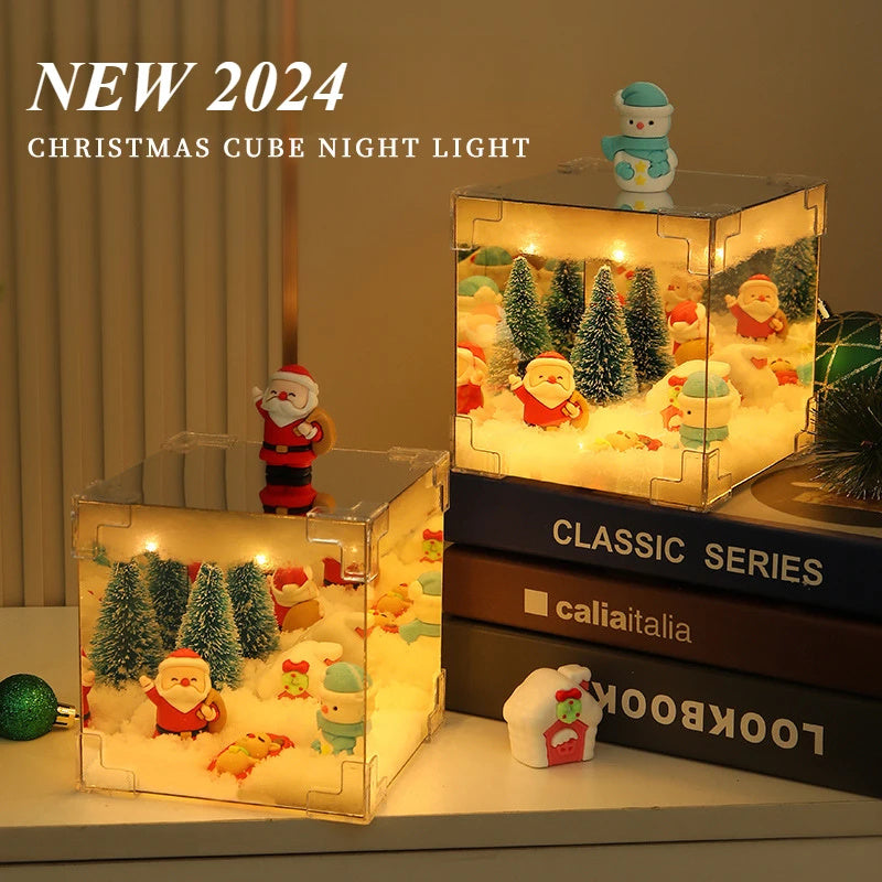 Mirrored Glass Cube Light-Up Snowman & Snowy Tree Tabletop Christmas Decoration