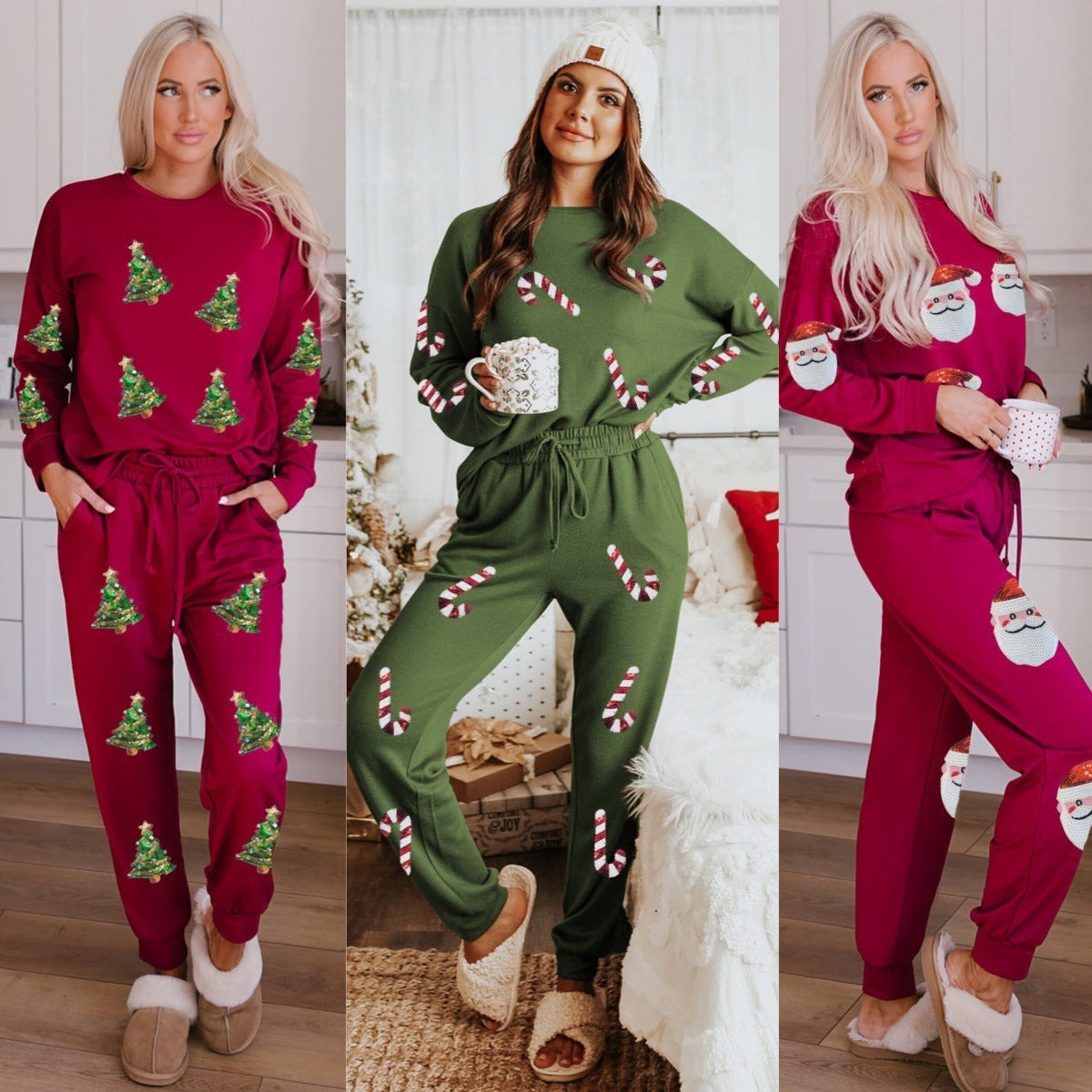 Women's Two Piece Christmas Morning Pajama Set in Various Colors and Patterns