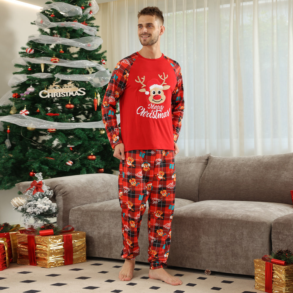 Merry Christmas Reindeer Red Plaid Matching Family Pajama Set