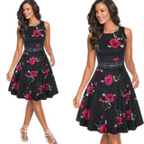 Retro Black Floral Pleated Dress