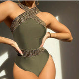 Women's One Piece Solid Color Swimsuit with Golden Trim