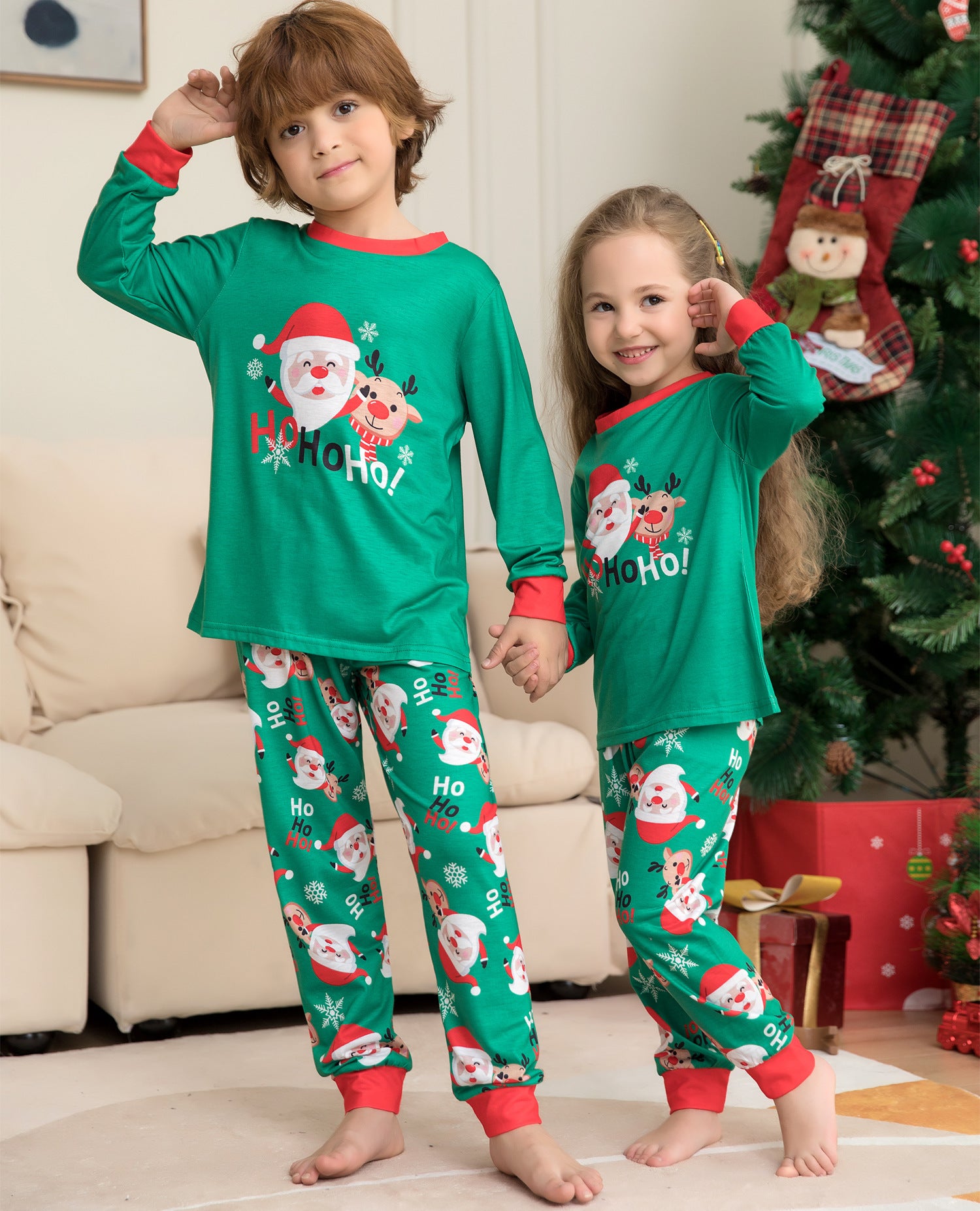 Ho Ho Ho Green and Red Matching Family Christmas Pajama Set