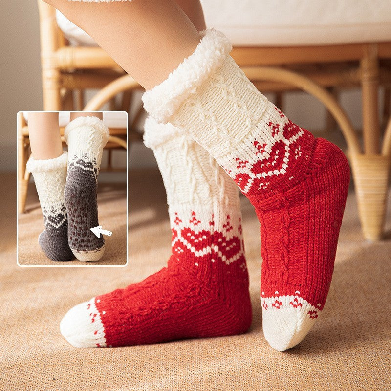 Soft Knit Style Christmas Wintry Design Thick Socks in Red or Gray