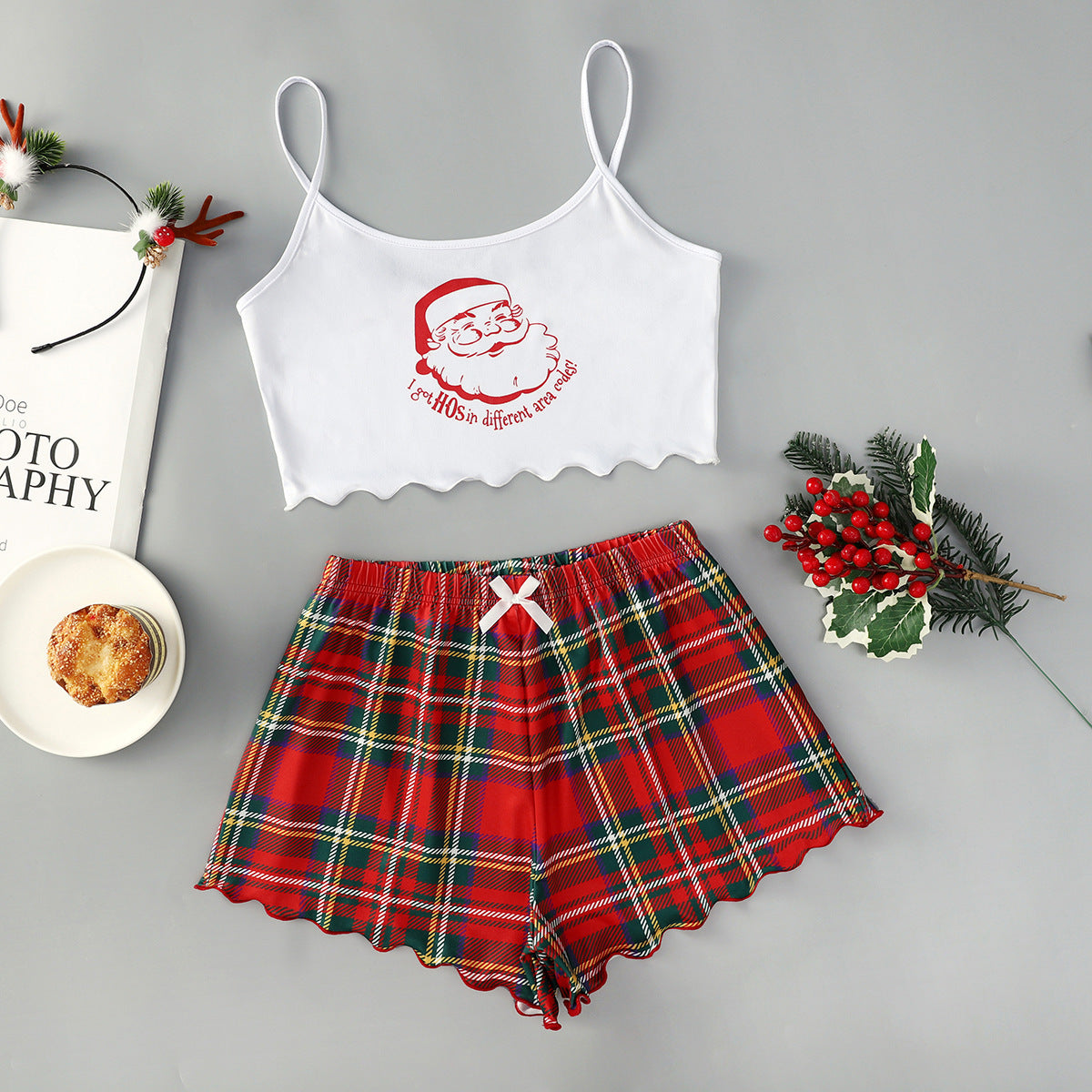 Women's Adorable Two Piece Christmas Pajama Crop Top and Shorts Set