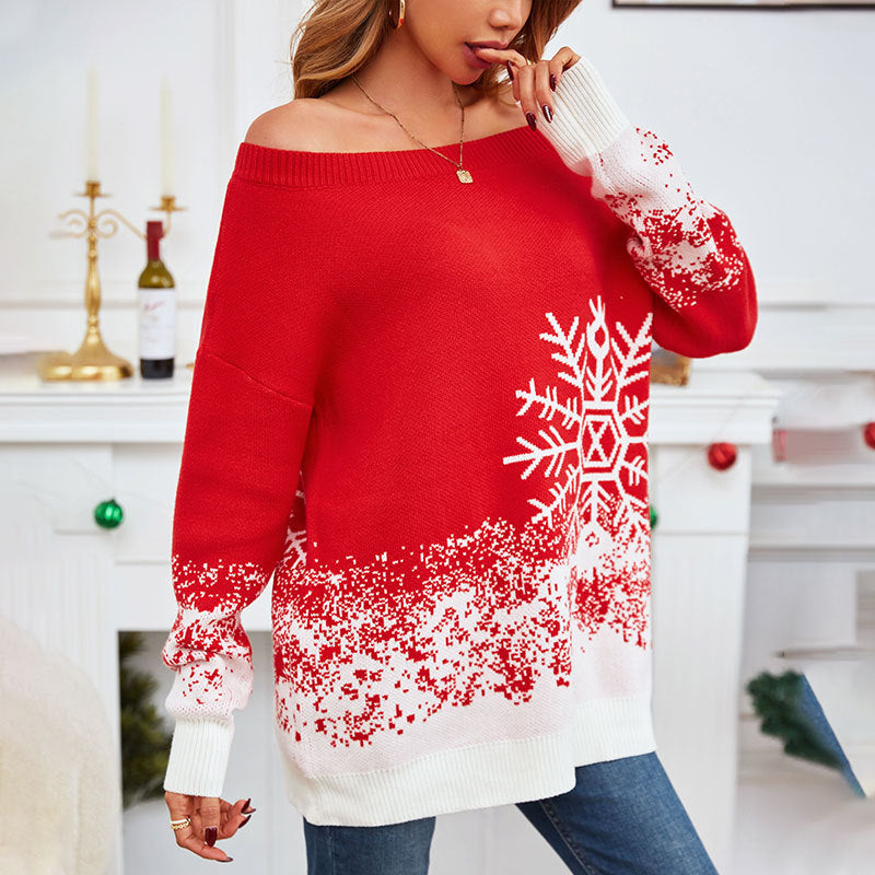 Cute Long Sleeve Slouchy Red Sweater with White Snowflake Details