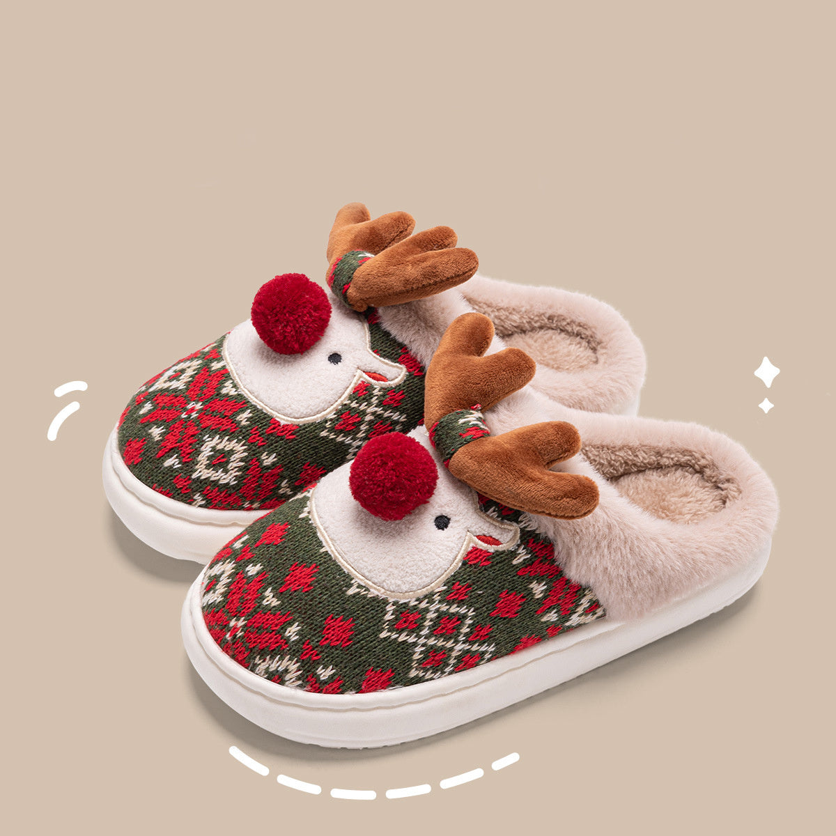 Durable and Soft 3D Reindeer House Shoes with Traction Soles