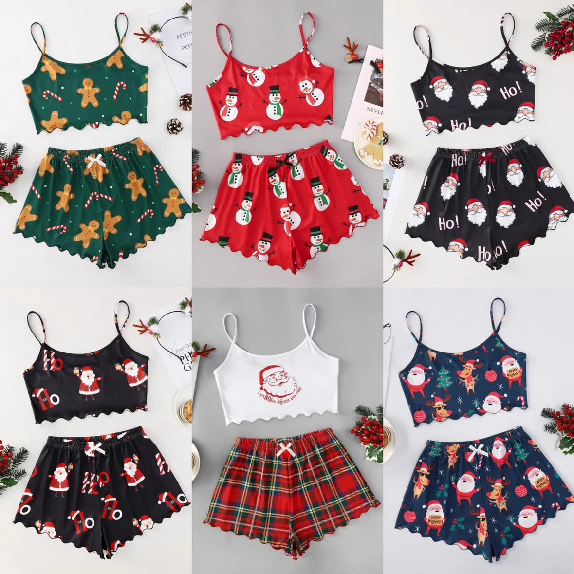 Women's Adorable Two Piece Christmas Pajama Crop Top and Shorts Set