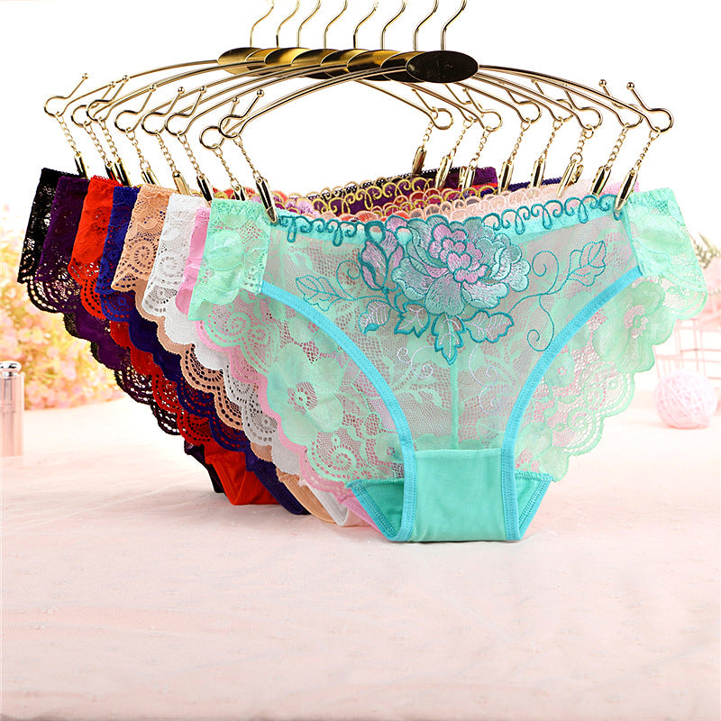 See Through Floral Lace and Embroidery Briefs Panties