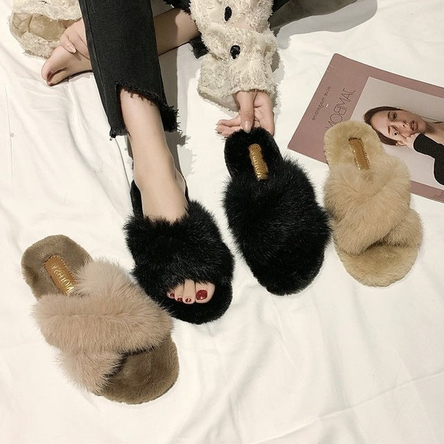 Fuzzy Fur Crisscross Slipper Shoes