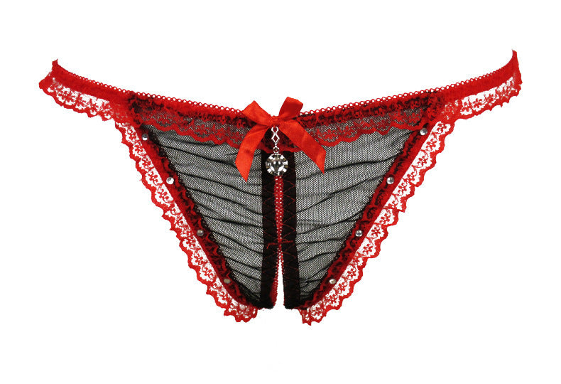 Lace and Mesh Cutout Front Jeweled Thongs