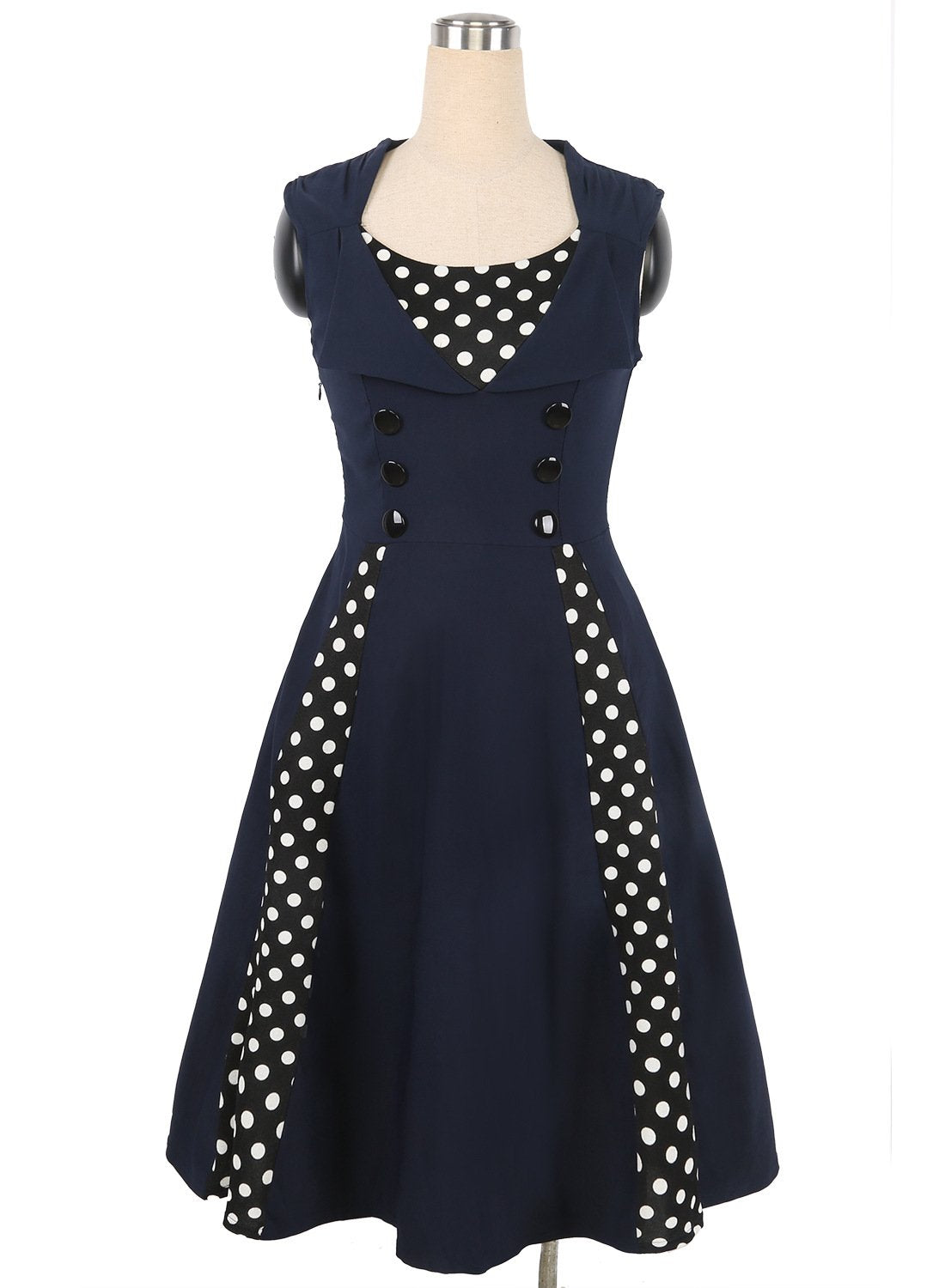 Polka Dot Contrast Button-Accent Sleeveless Dress