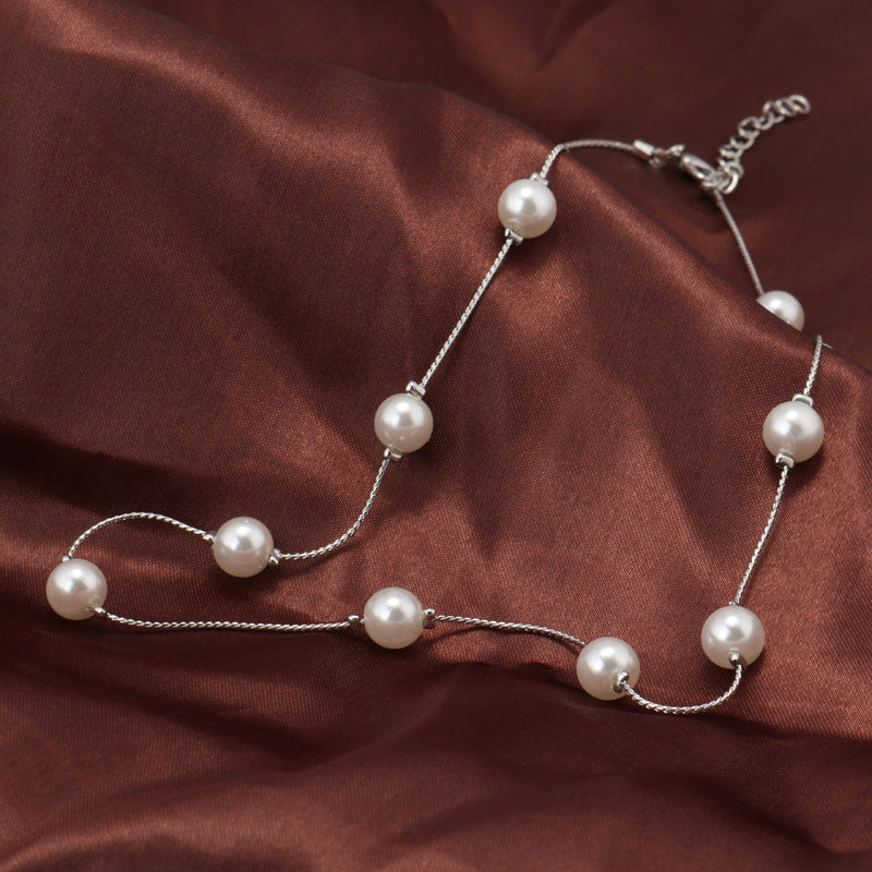 Spaced Pearl Silver Chain Necklace