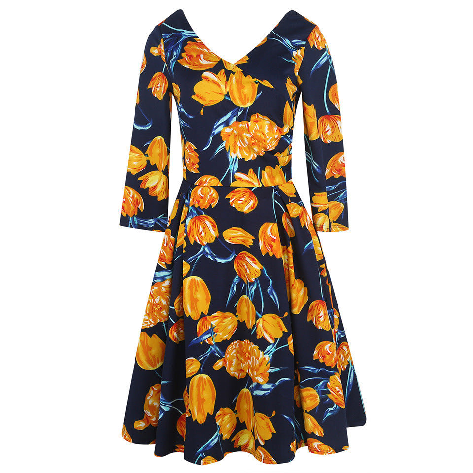 Floral Three-Quarter Sleeve Surplice Dress