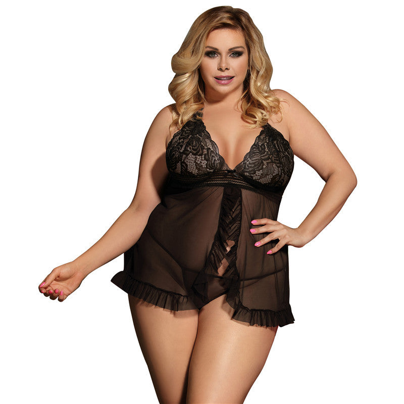 Plus Size Open Front Sheer Lace Set