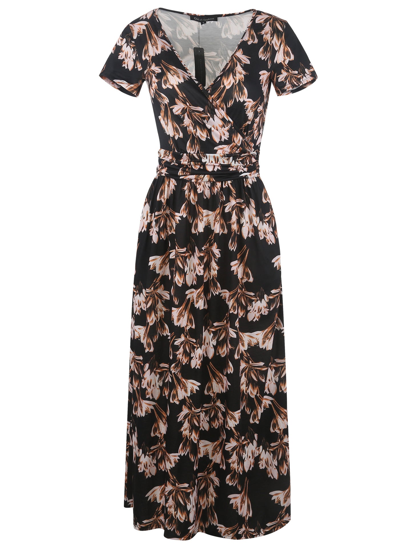 Patterned Surplice Cap-Sleeve Semi-Fitted Dress