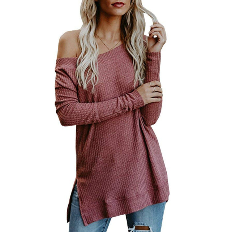 Waffle Knit Off-Shoulder Pullover Top