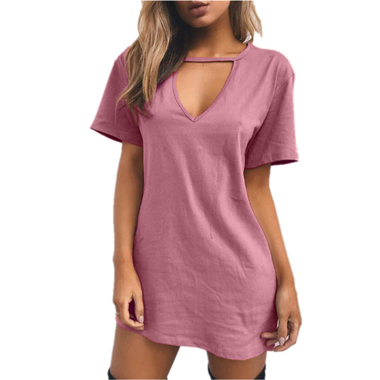 Choker Keyhole-Cutout Short-Sleeve Tunic Dress - Theone Apparel