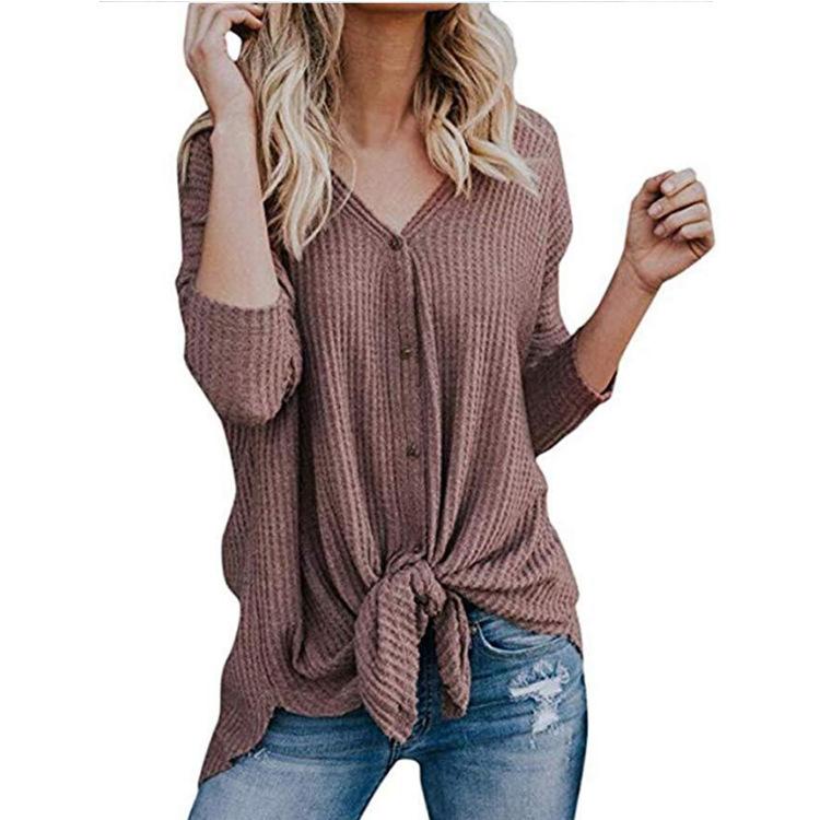 Waffle Knit Tie-Hem Button-Up Tunic