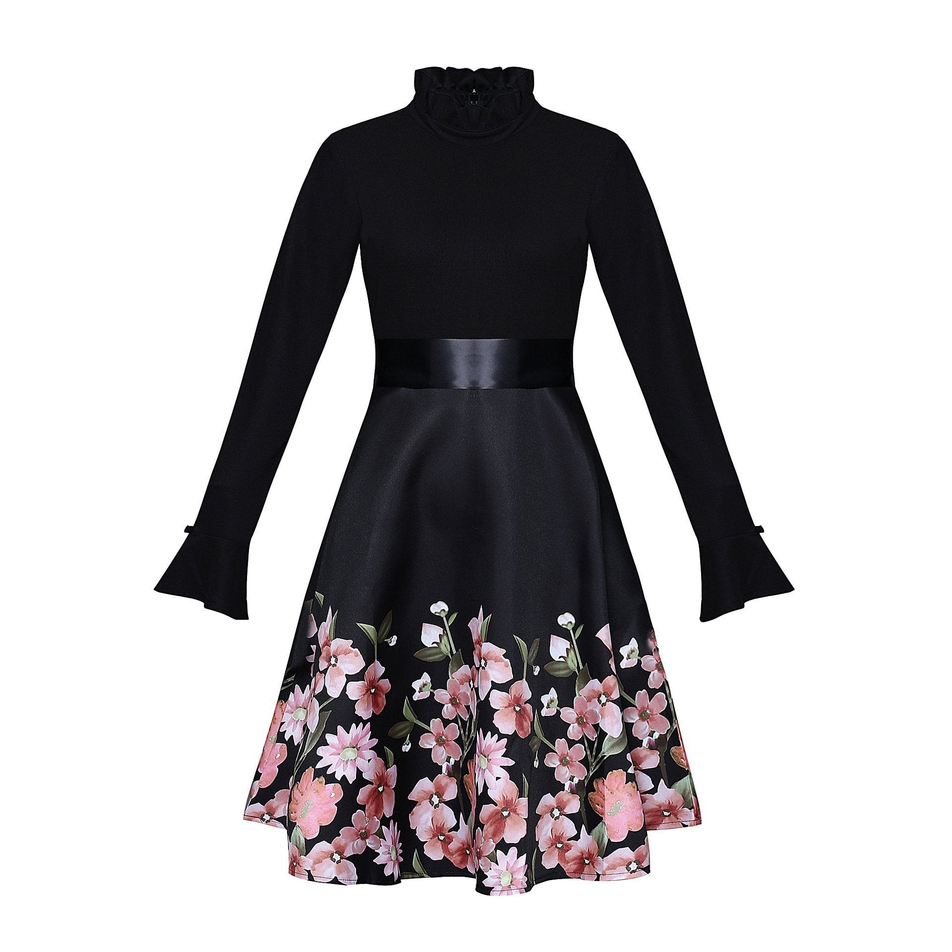 Cinched Flower Print Turtleneck Dress - Theone Apparel