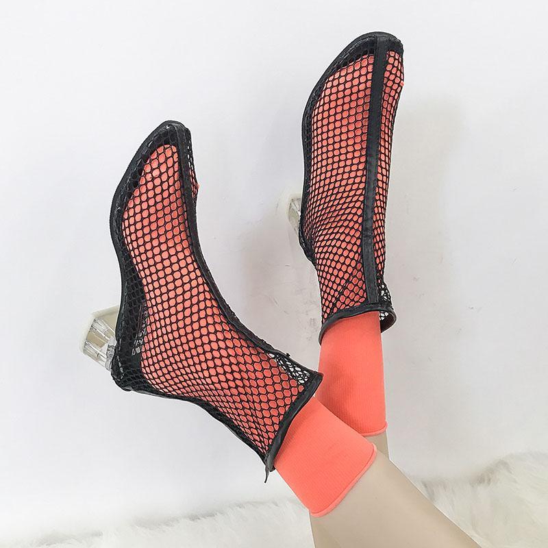 Clear Heel Fishnet Statement Booties - Theone Apparel