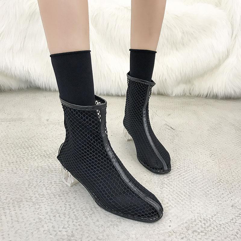 Clear Heel Fishnet Statement Booties - Theone Apparel