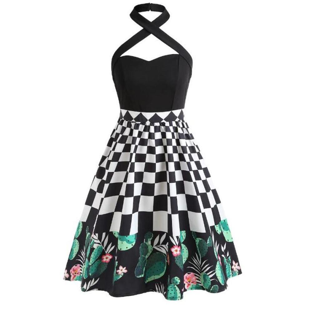 Cross Strap Checkered Cactus Dress - Theone Apparel