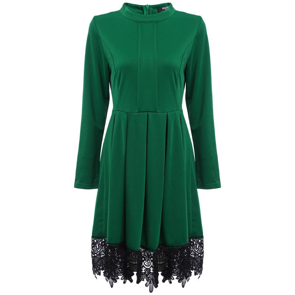 Emerald Lace Hem High Neck Dress - Theone Apparel