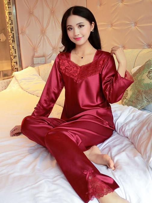 Flower Lace Satin Pajamas Set - Theone Apparel