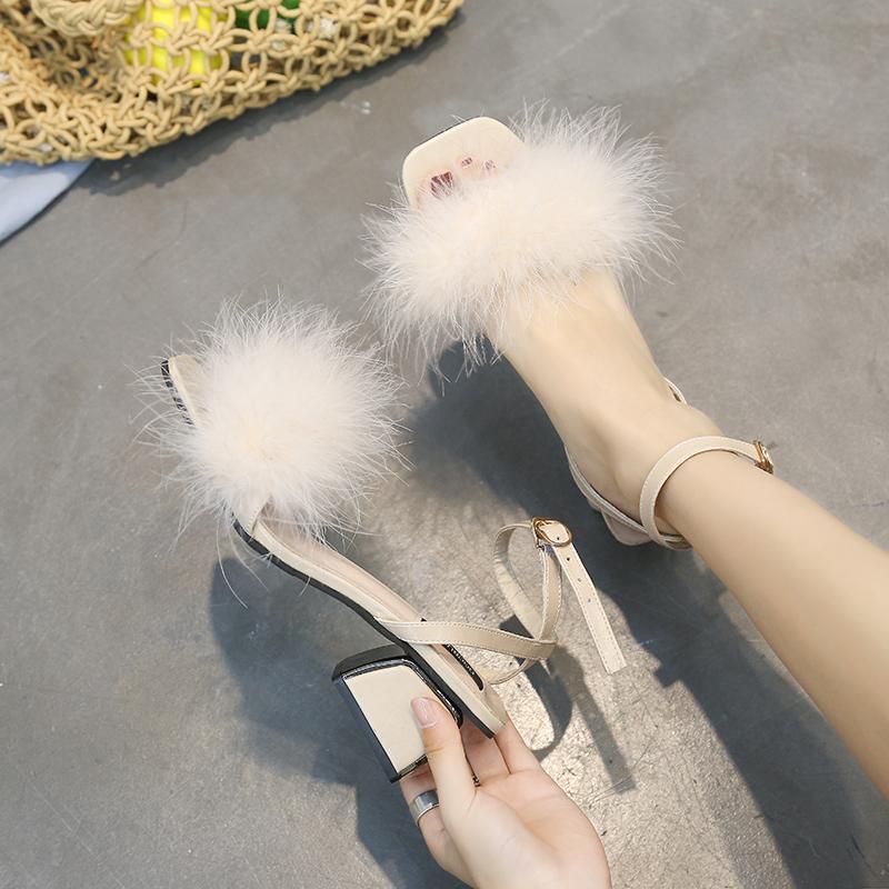 Fluffy Fur Strap Kitten Heel Sandals - Theone Apparel