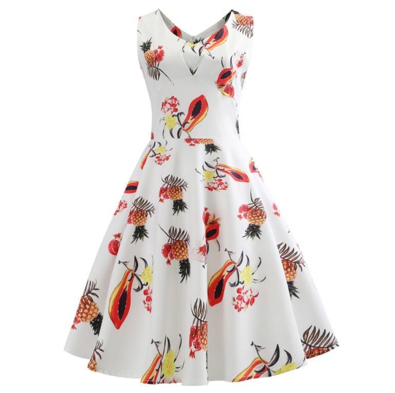 Fruit Print Pleat Front A Line Dress - Theone Apparel