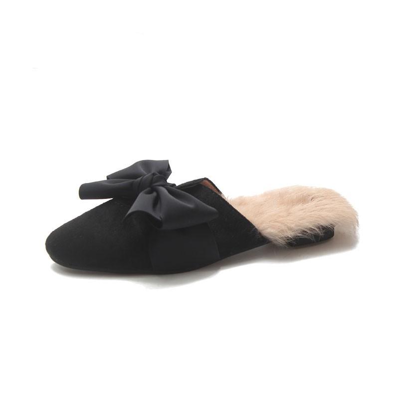 Fur Trim Floppy Bow Slippers - Theone Apparel