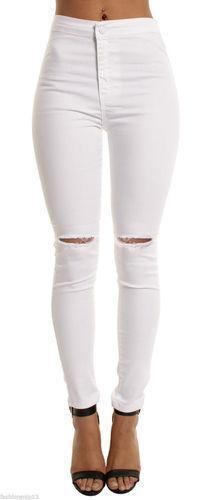 Knee Slit High Waist White Skinnies - Theone Apparel