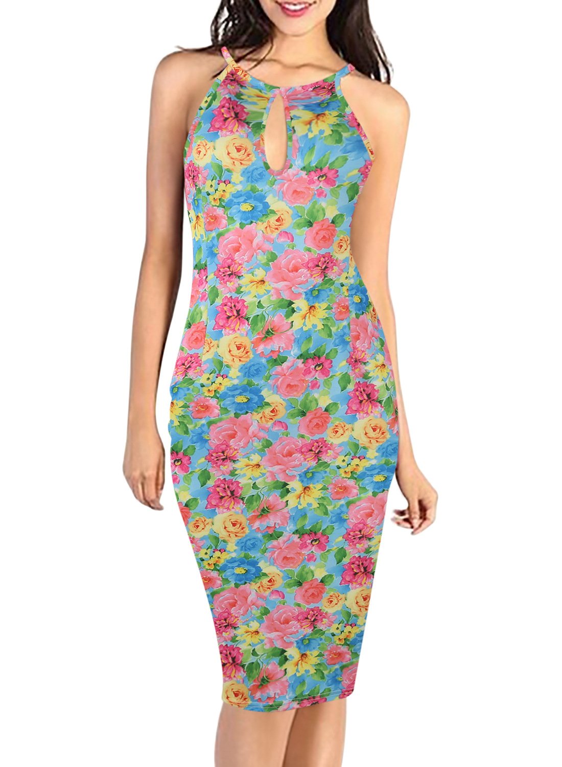 Vestido de bainha de pescoço de buraco floral