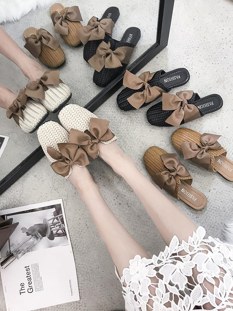 Woven Bow Top Slip On Sandals