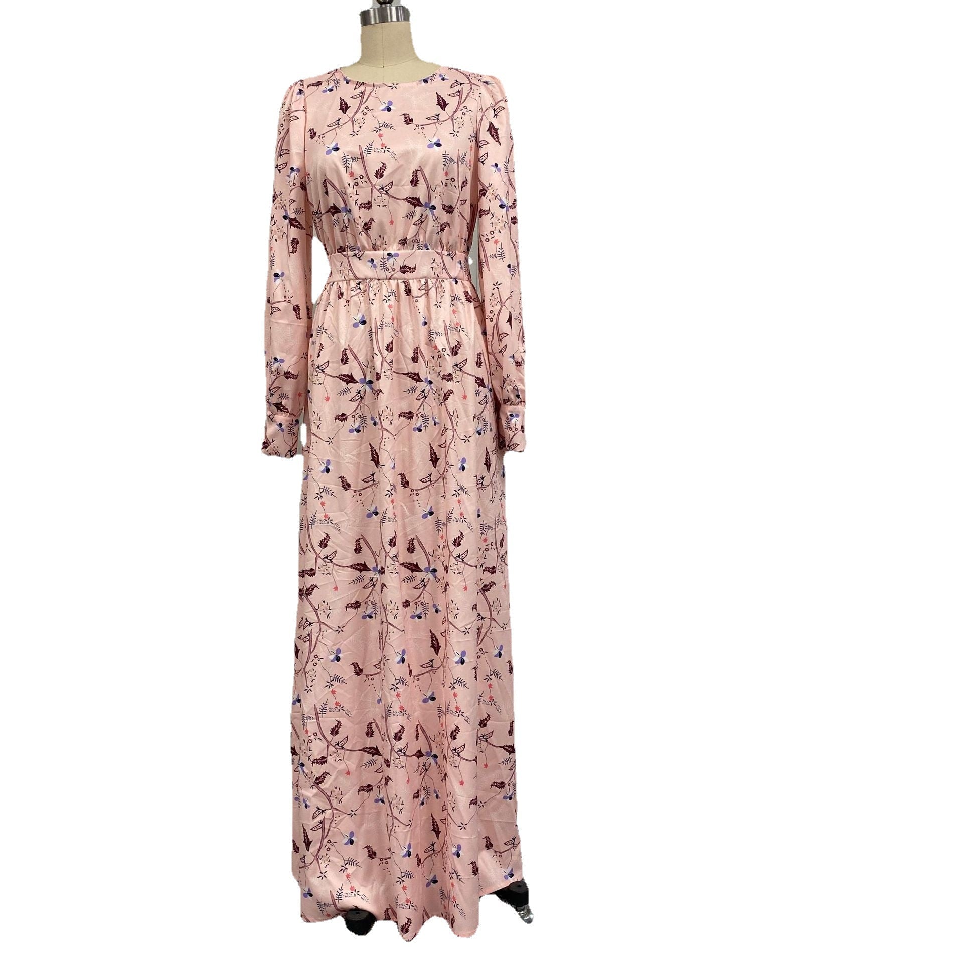 Baby Pink Floral Pattern Cinched Waist Maxi Dress - THEONE APPAREL