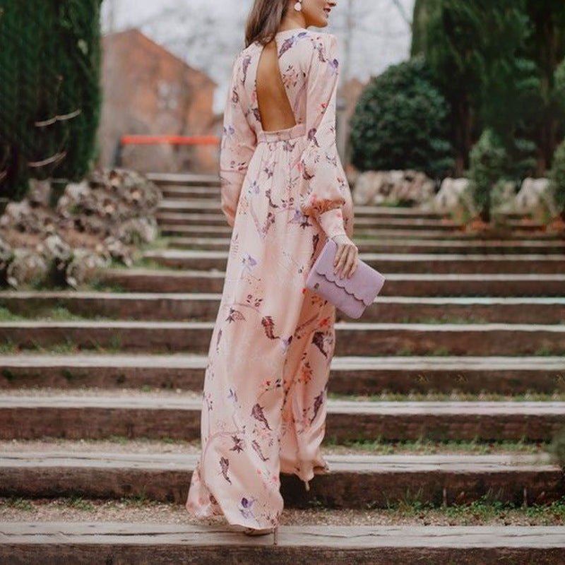 Baby Pink Floral Pattern Cinched Waist Maxi Dress - THEONE APPAREL